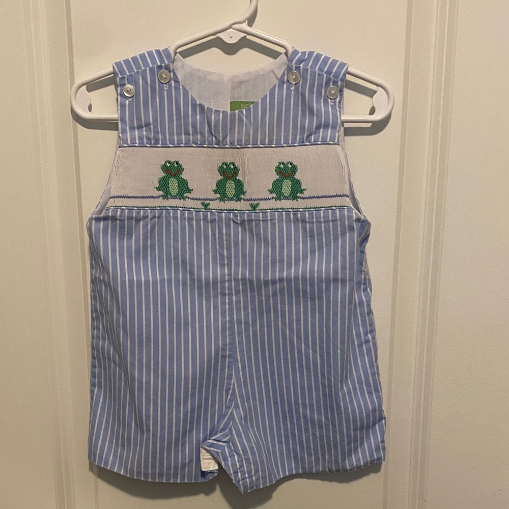 Blue & White Striped Baby Romper with Frog Smocking